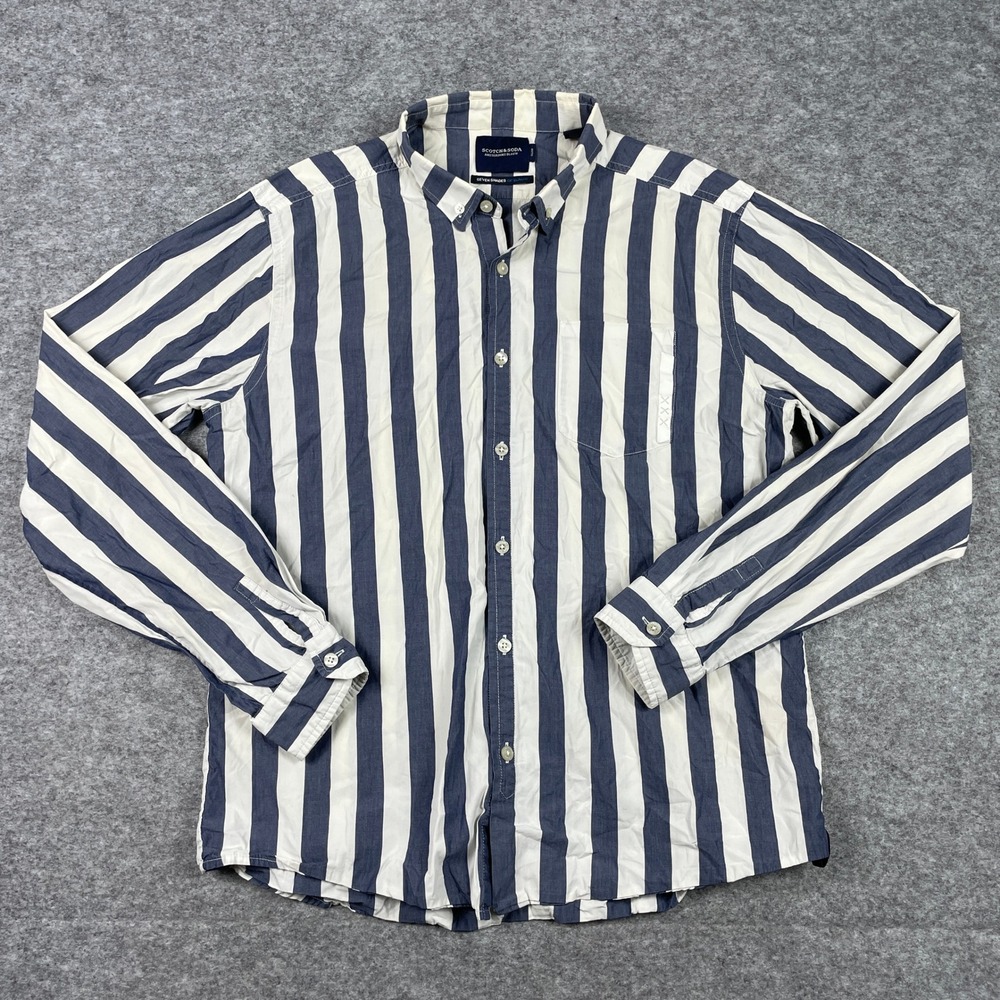 Scotch & Soda Button Down Shirt Mens L Blue Amsterdams Blauw Striped Slim Fit